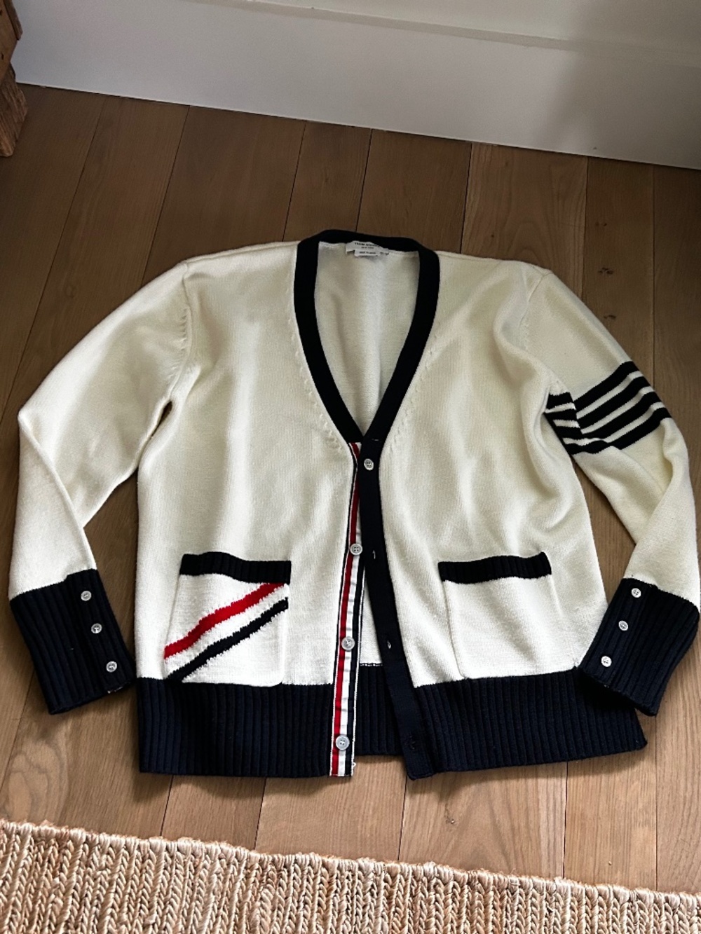THOM BROWNE  Thom Browne White Jersey Stripe 4-Bar Cardigan Men's 5 XXL